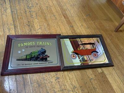 Two Vintage advertising mirrors Ford Model T and Famous Train of Great Britain Great decoration