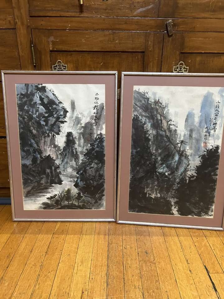 Set of two Original watercolor CHINESE TEMPLE RIVER MOUNTAIN LANDSCAPE framed