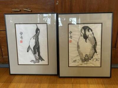 Set of two 2 Traditional Chinese calligraphy Painting Penguin Family Framed