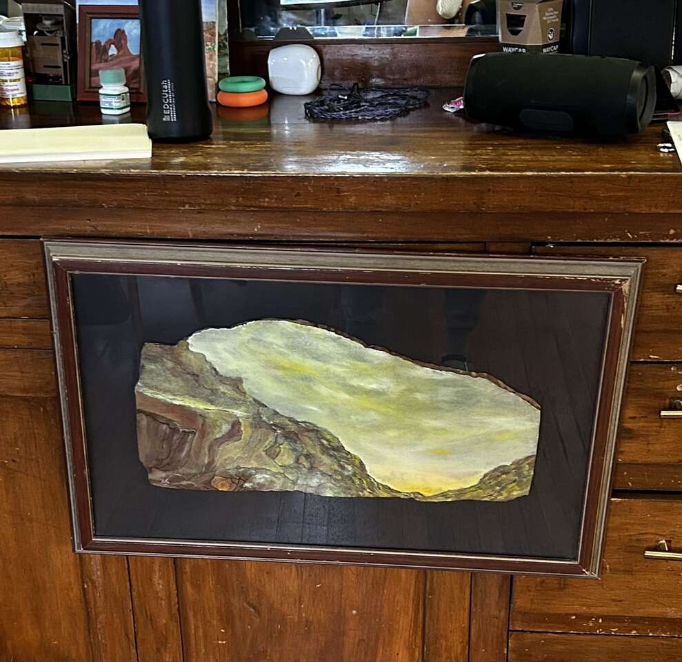 Framed Oil on sandstone landscape painting.
