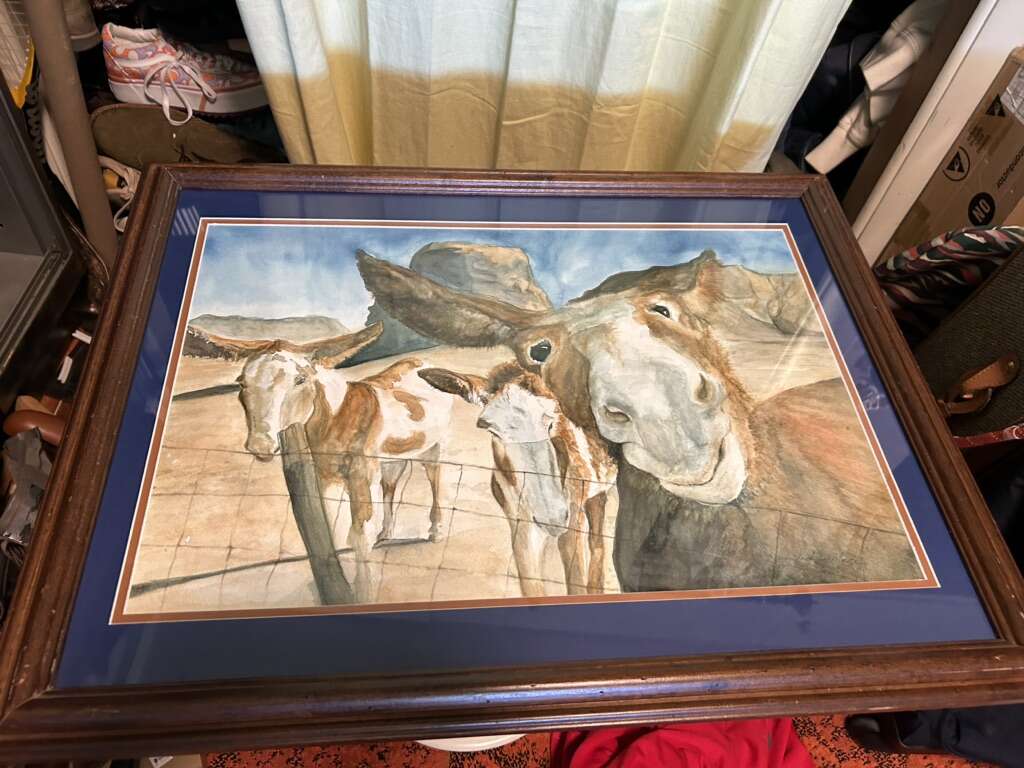 Andreia Medlin Friendly Donkeys Watercolor painting Framed 27 x 21