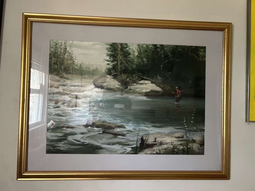 RARE Known illustrator Morgan Kane Water Original Water color Painting framed 30x40 inches Fishing Mountain Scene