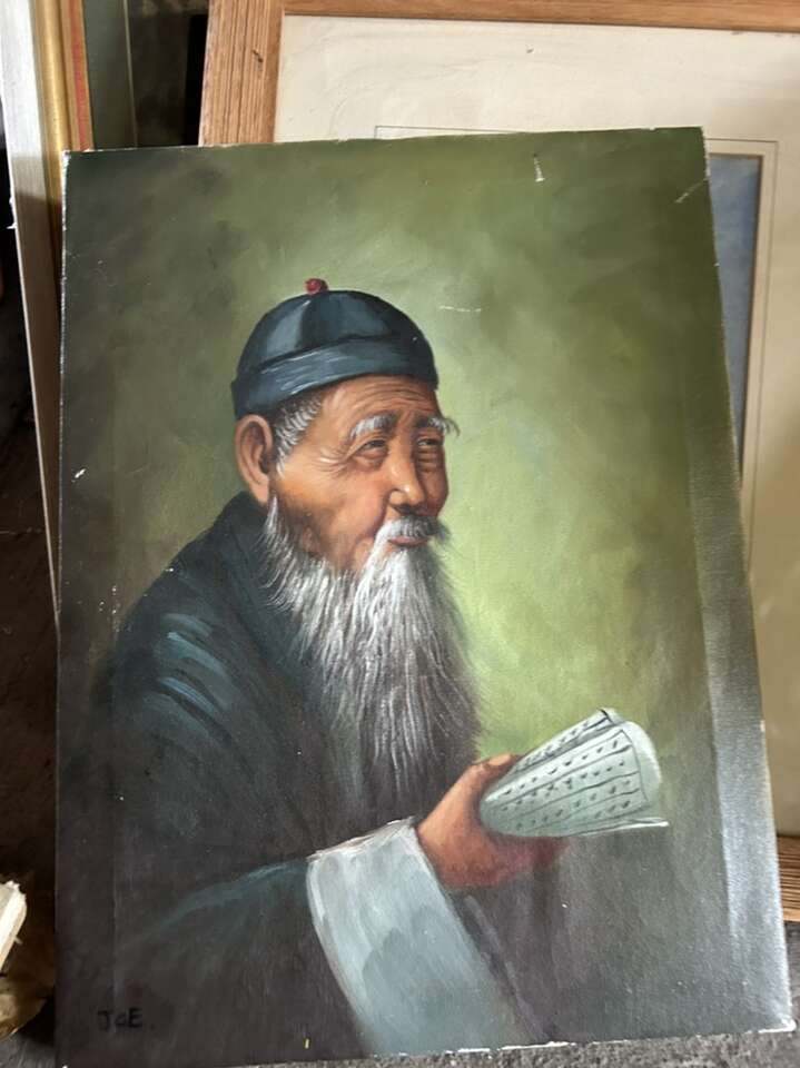 Original Oil Painting Chinese Old Man Scholar signed JOE