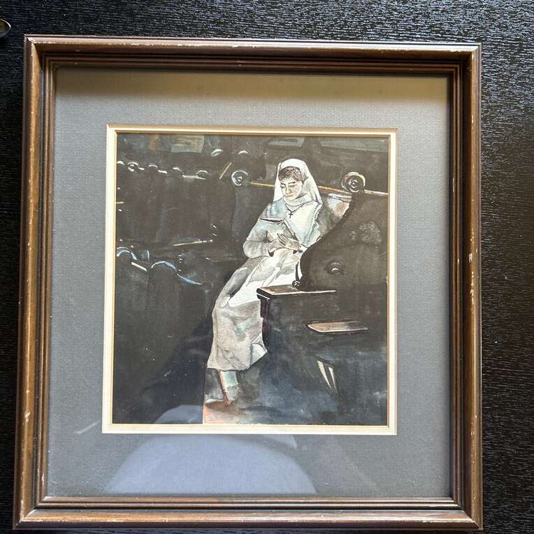 Watercolor Of A Nun Studying In A Church.