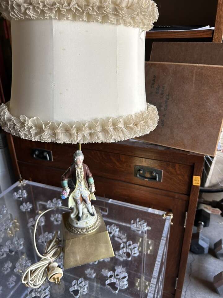 Antique Victorian Porcelain Figurine Lamp Metal Base with Fringe Shade