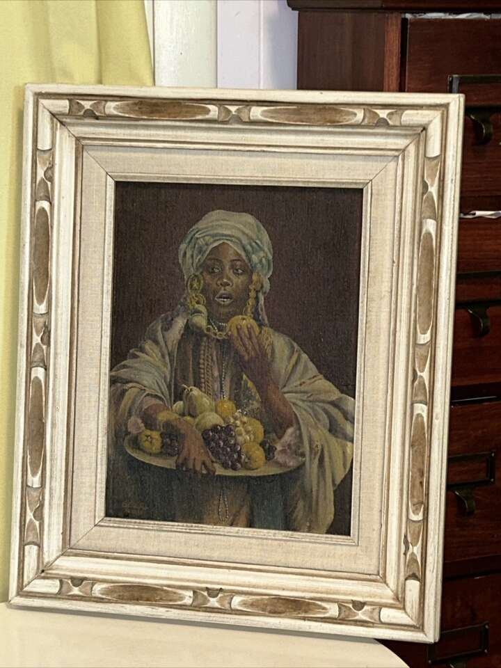 Antique PAINTING oil on board BLACK WOMAN PRESENTING A BOWL OF FRUIT Framed