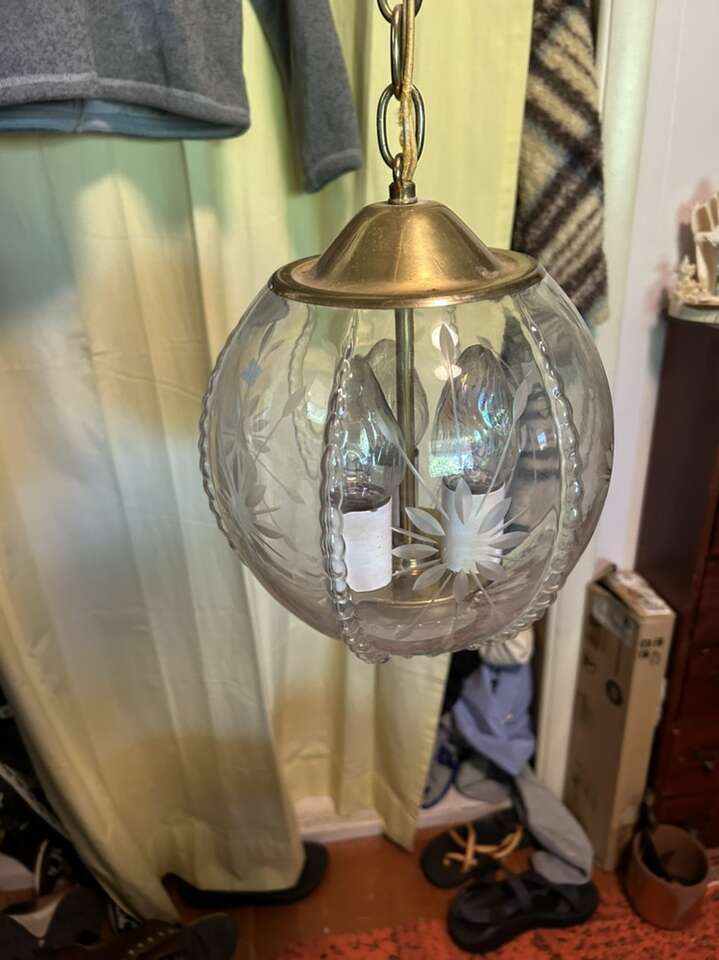 Vintage Round Ornate Clear Etched Glass Pendant Light - Rare Find