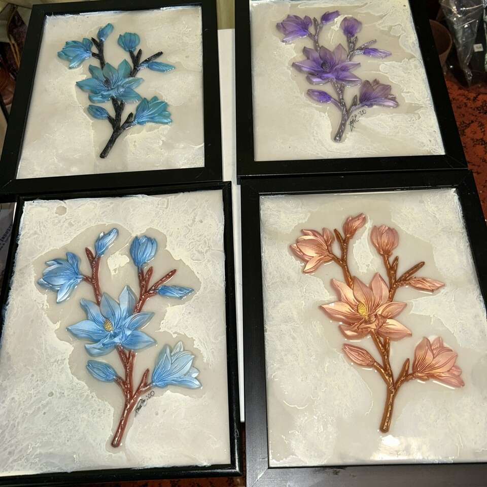 Set of  4 Artist Signed Florwers wall frame flowers Resin 3 D Art
