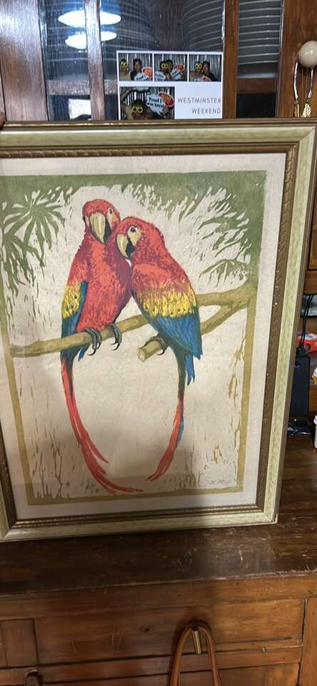 VTG. Woodblock print with hand colored parrots.