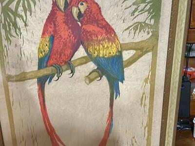 VTG. Woodblock print with hand colored parrots.