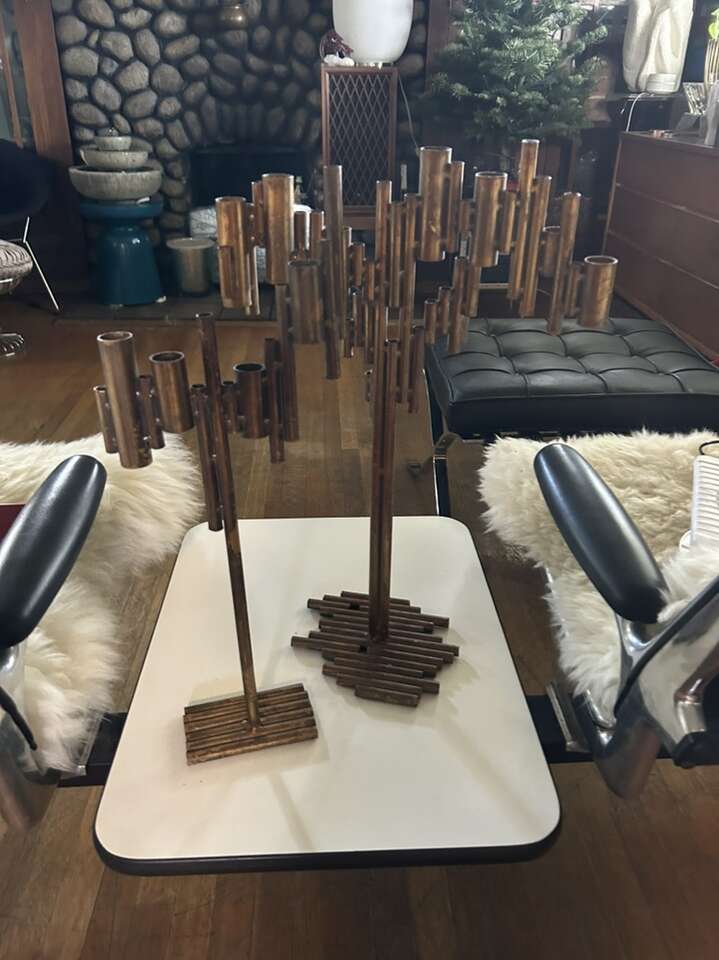 RARE Vintage Set of two Eclectic Brass Brutalist-style Candlestick Holders from Crate and Barrel