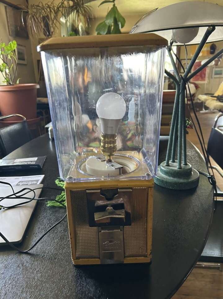 Vintage, Yellow Metal & Clear Glass Candy/Gumball Machine, Glass Curtis Products