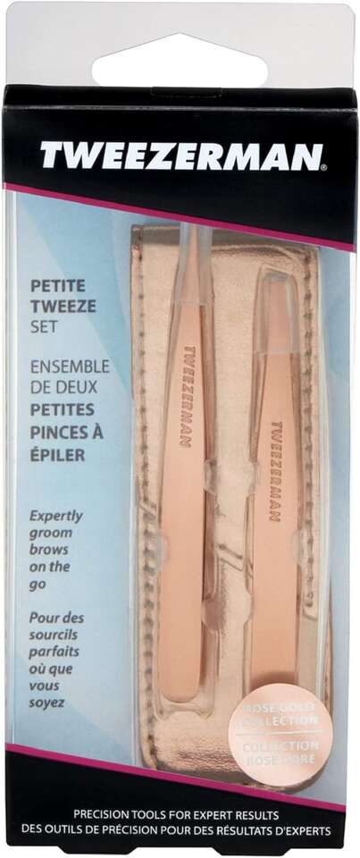 Tweezerman Rose Gold Petite Point and Slant Tweezer Set with Travel Case #93754