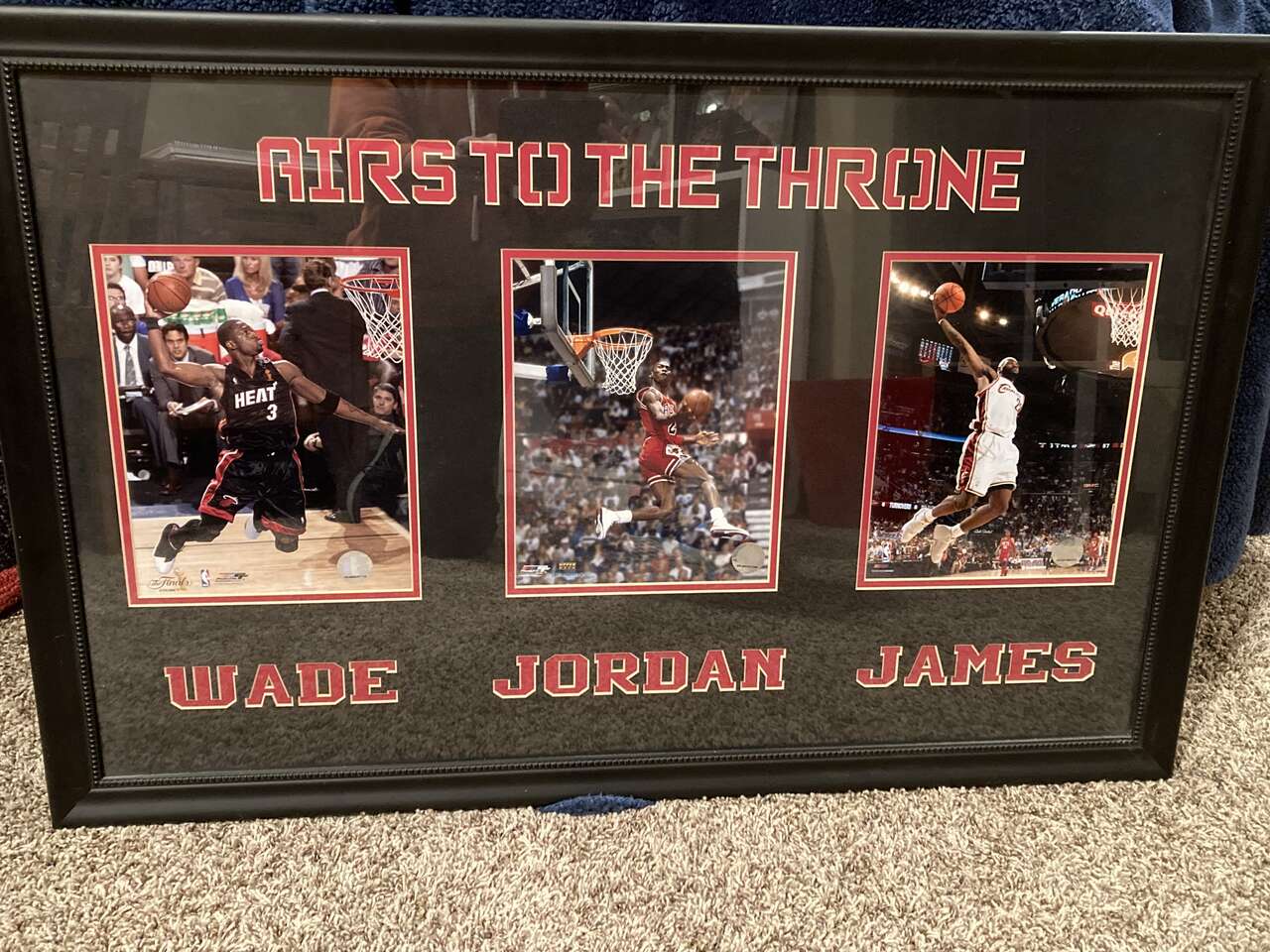 Basketball Memorabilia, Airs to The Throne: Dwayne Wade, Micheal Jordan and LeBron James Framed Art Print