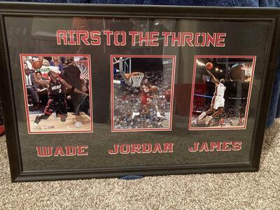 Basketball Memorabilia, Airs to The Throne: Dwayne Wade, Micheal Jordan and LeBron James Framed Art Print