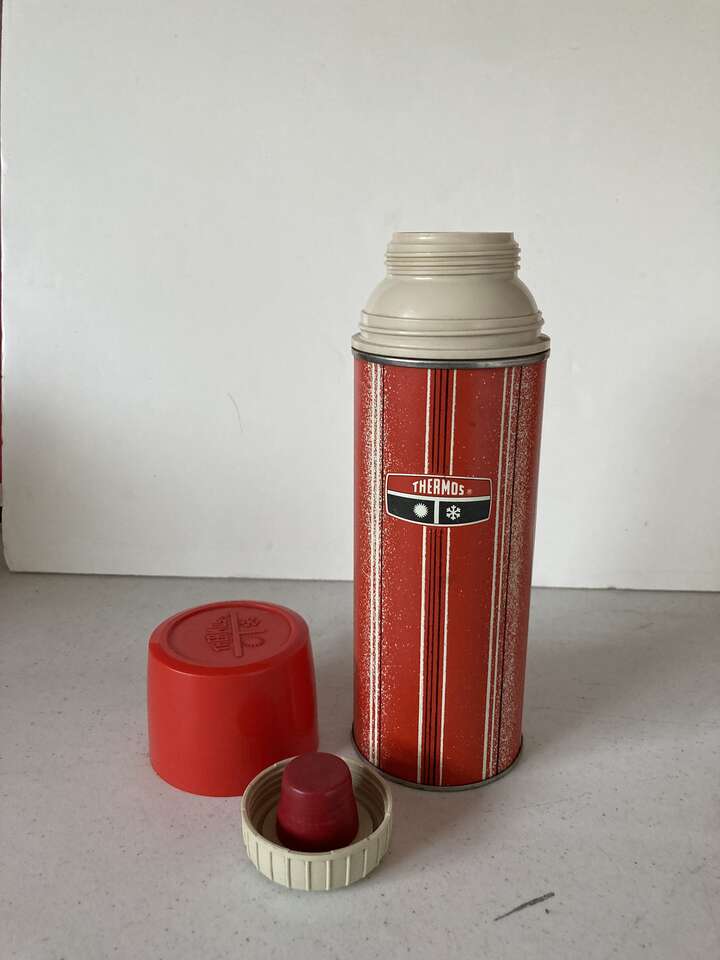 Vintage 1969 King Seeley Thermos Red Stripes No 2210 with Cup Stopper Filler