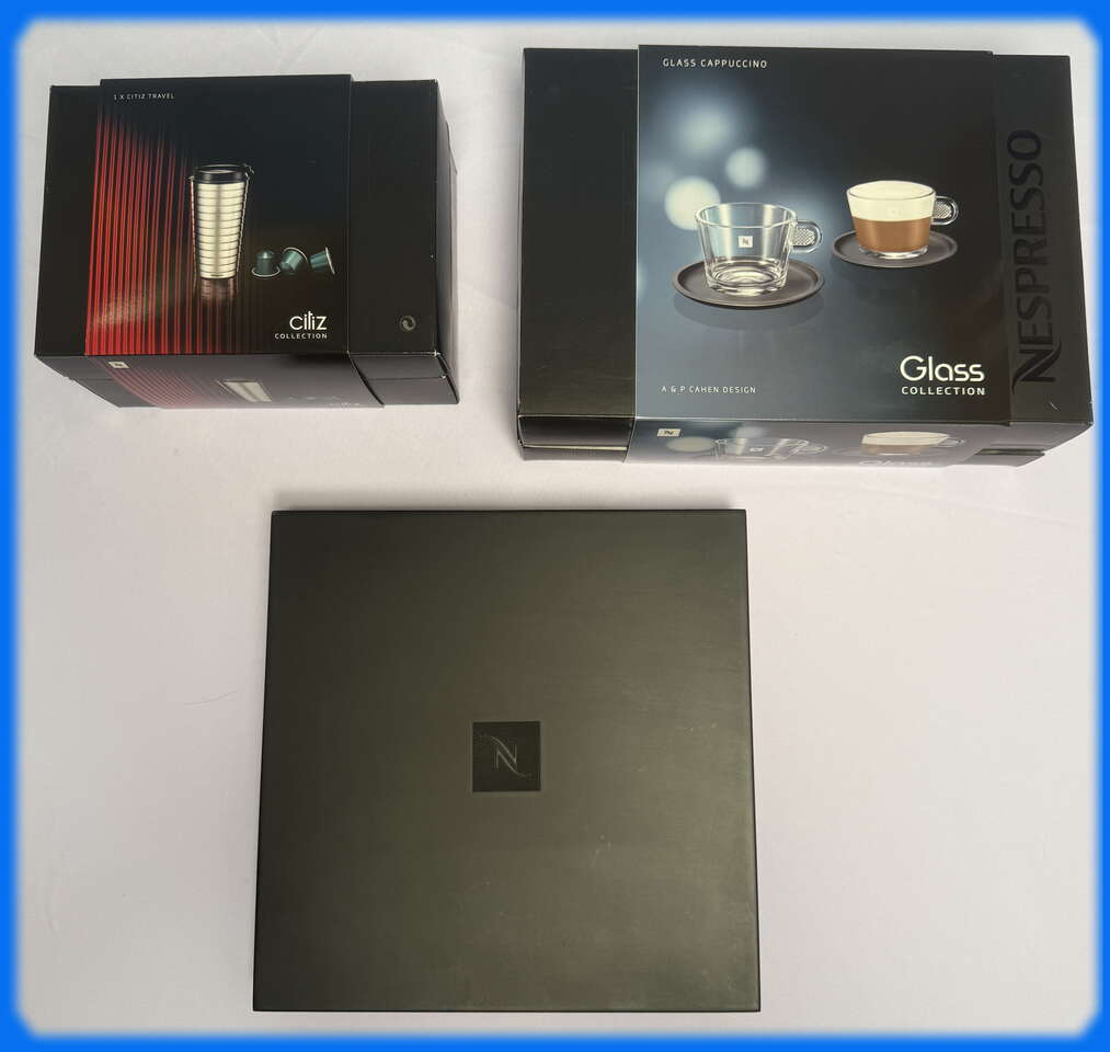 Nespresso Accessories: Travel Mug, x2 Glass Capaccino Cups/Saucers, Pod Storage Box (Wooden/Black) *New In Box*