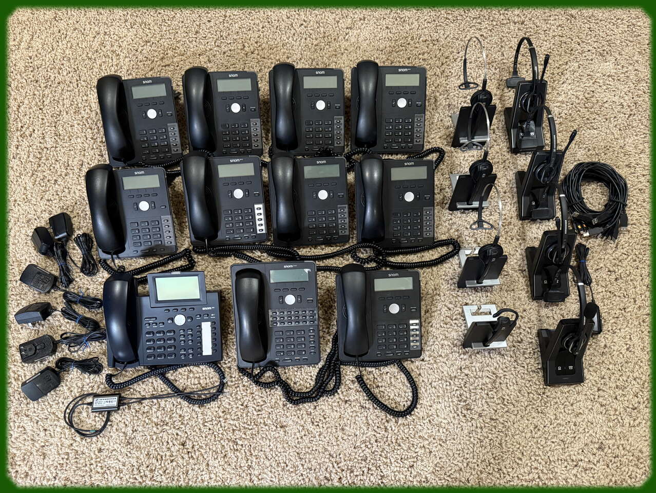 x11 Snom POE VoIP Phones + x8 Sennheiser Headsets, AC Power Adapters, USB Cables - Sold As Lot