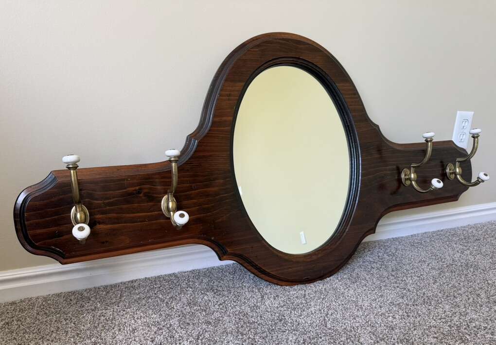 Classic Ethan Allen solid wood mirrored coat and hat rack