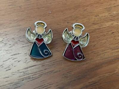 Glass Angel Pins Purple Or Teal W/ Red Hearts