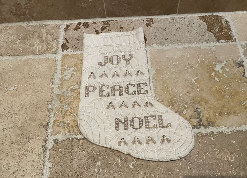 Small Off-White Christmas Stocking W/ Tan Gold