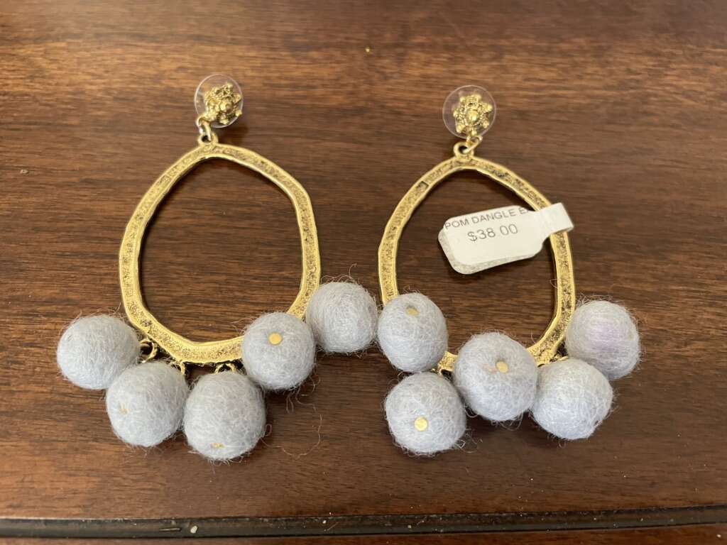 New Dangly Gold Tone Earrings W/ Gray Pom Poms