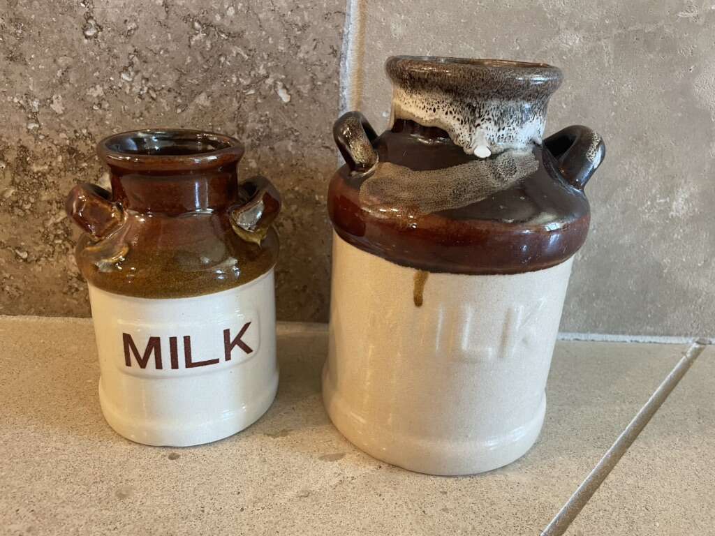 Small Stoneware Milk Crocks W/ Brown Drip Glaze