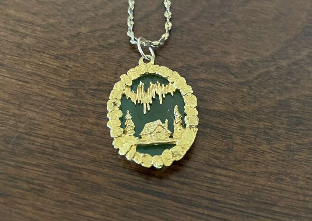 Necklace With Gold And Jade Alaskan Cabin Scene