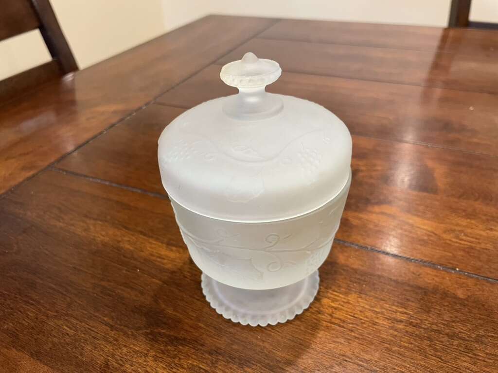 Frosted Glass Footed Dish W/ Lid & Grape Design