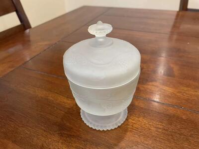 Frosted Glass Footed Dish W/ Lid & Grape Design