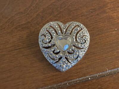 Vintage Silver Tone Heart Brooch W/ Clear Stone