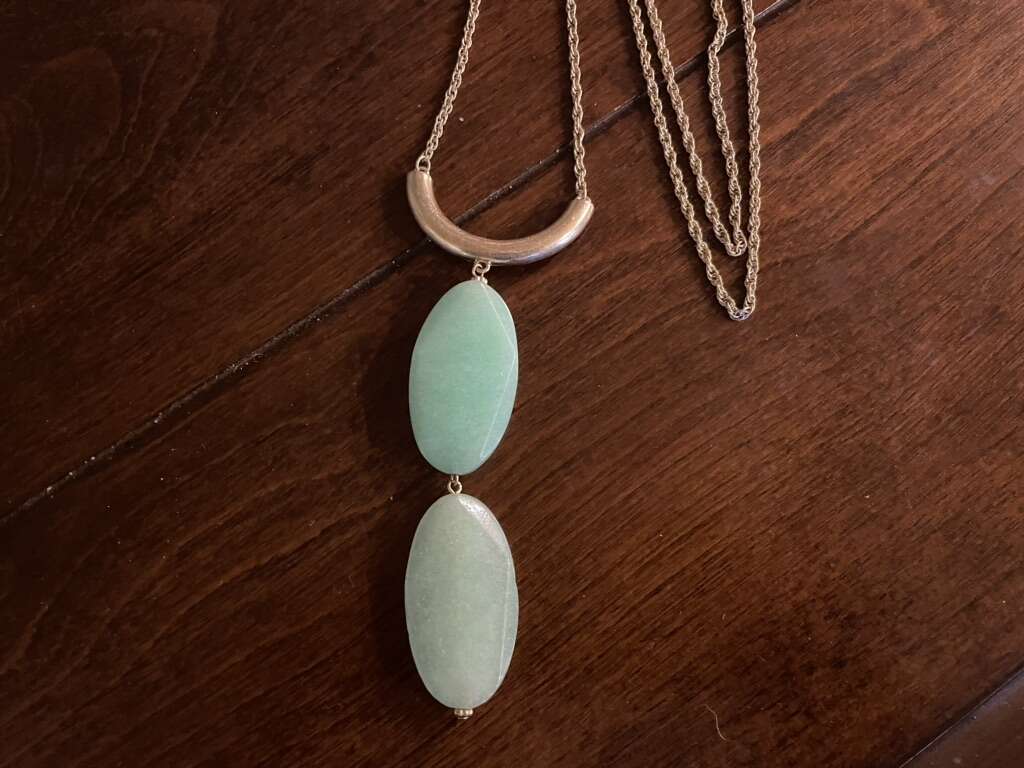 Long Gold Tone Necklace W/ 2 Milky Green Stones