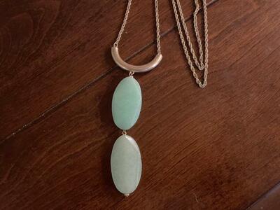 Long Gold Tone Necklace W/ 2 Milky Green Stones