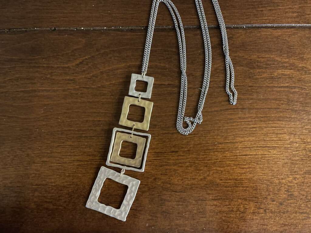 Long Silver Tone Necklace W/ Gold & Silver Squares