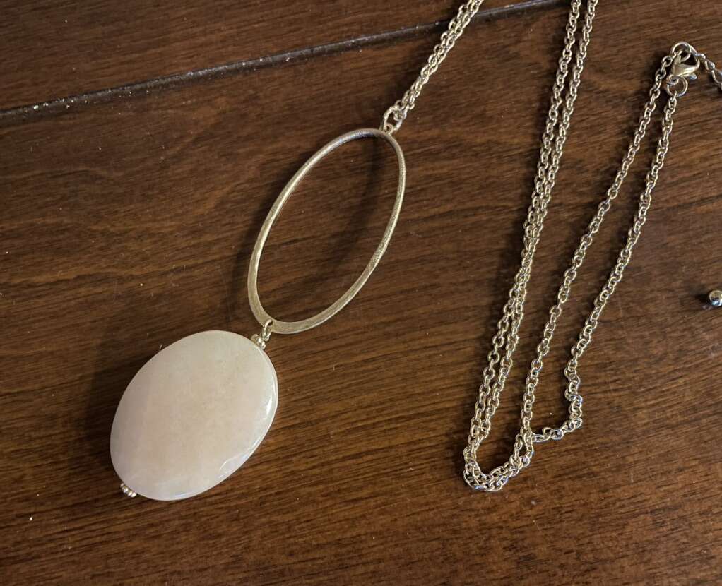 Long Gold Tone Necklace W/ Pale Pink Stone