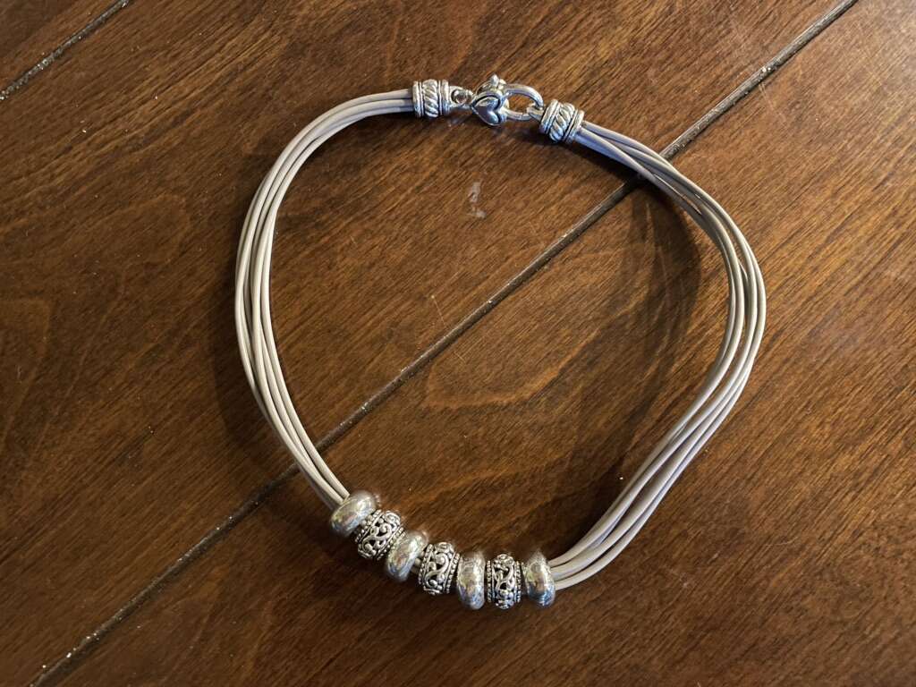 Gray Cord Necklace W/ Heavy Silver Beads & Clasp