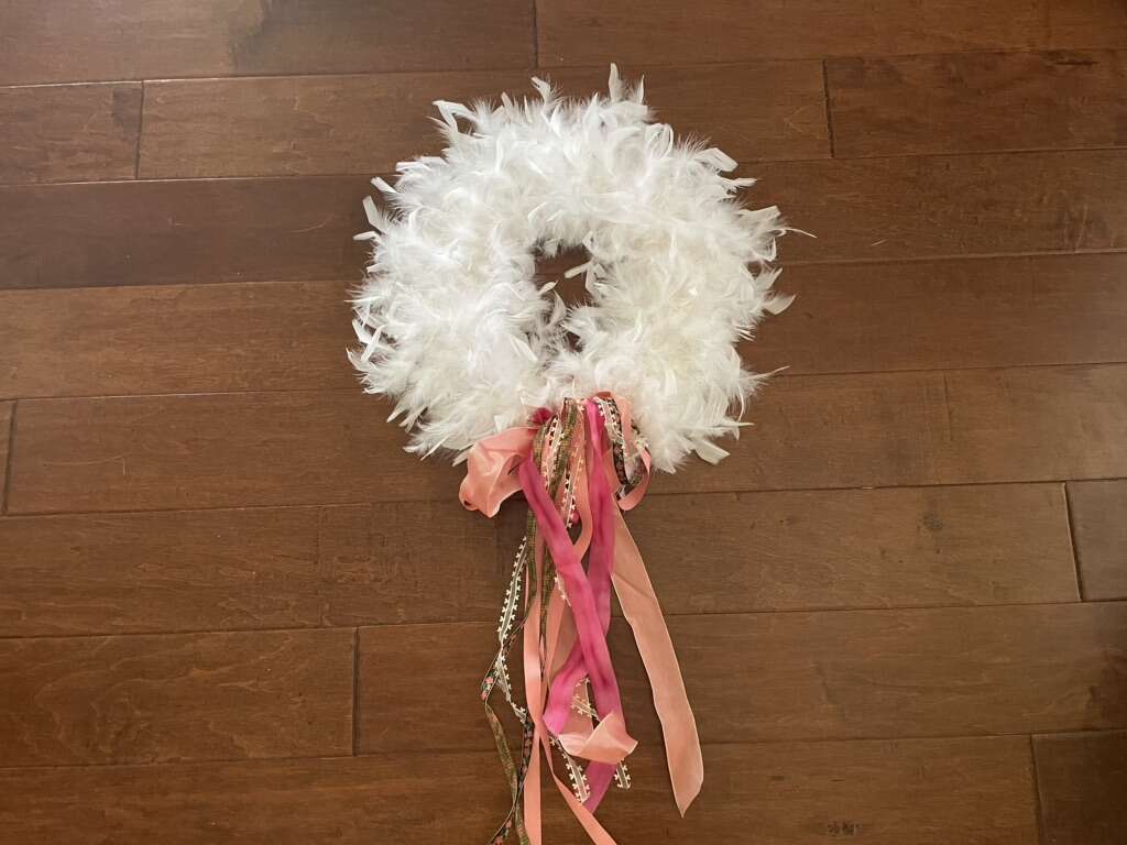New White Feather Wreath W/ Pink Ribbons