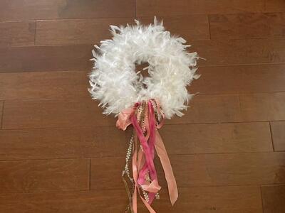 New White Feather Wreath W/ Pink Ribbons