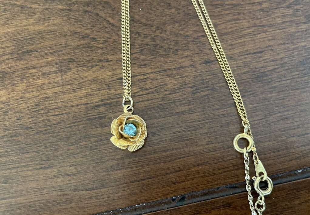 Gold Tone Necklace W/ Rose Pendant Blue Stone