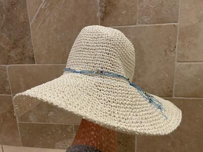 White Floppy Hat W/ Beaded Blue Band Faded Glory