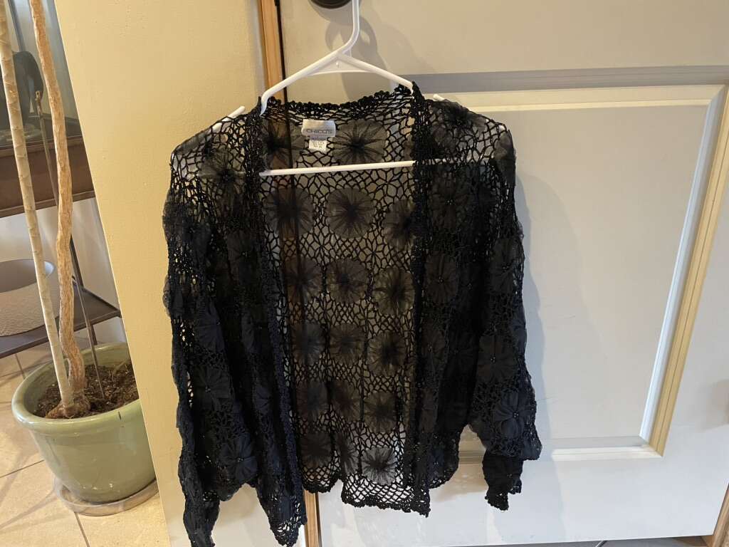 Chico's Black Crocheted Jacket W/ Beaded Flowers