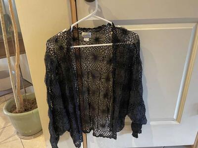 Chico's Black Crocheted Jacket W/ Beaded Flowers