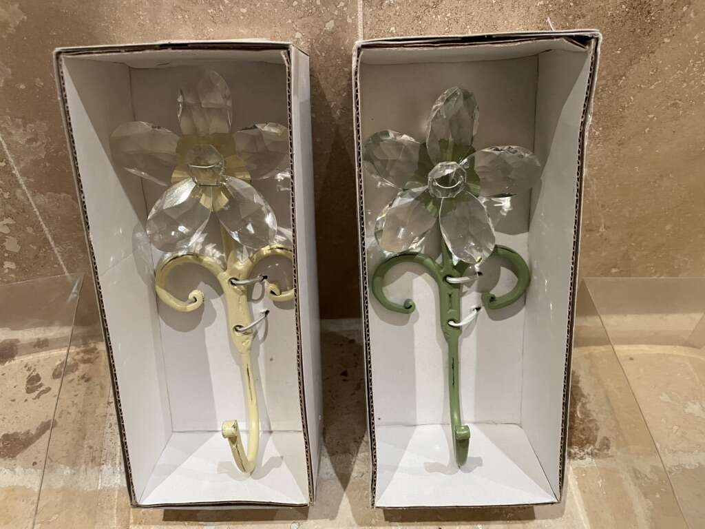 2 New Large Metal Hooks W/ Crystal Flowers