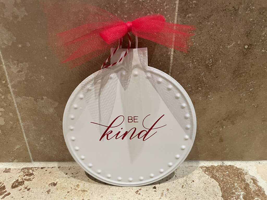 Large White Metal Ornament W/ Red Be Kind