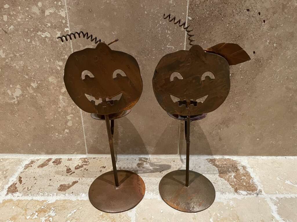 Pair Of Rusty Colored Metal Pumpkin Candle Holders