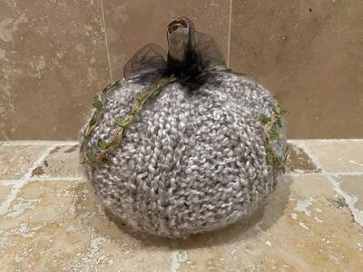 Soft Gray Crocheted Pumpkin W/ Leafy Vine