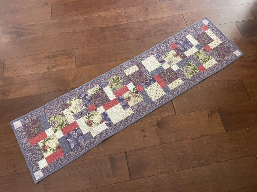 Quilted Table Runner Purple W/ Green & Dark Pink