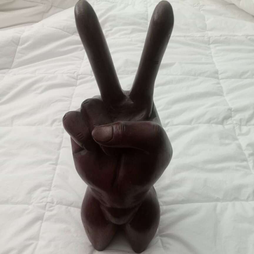Large wood peace sign statue figurine