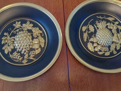 2 Vintage 14" Brass Wall Plates Fruits, Pineapple, Grapes