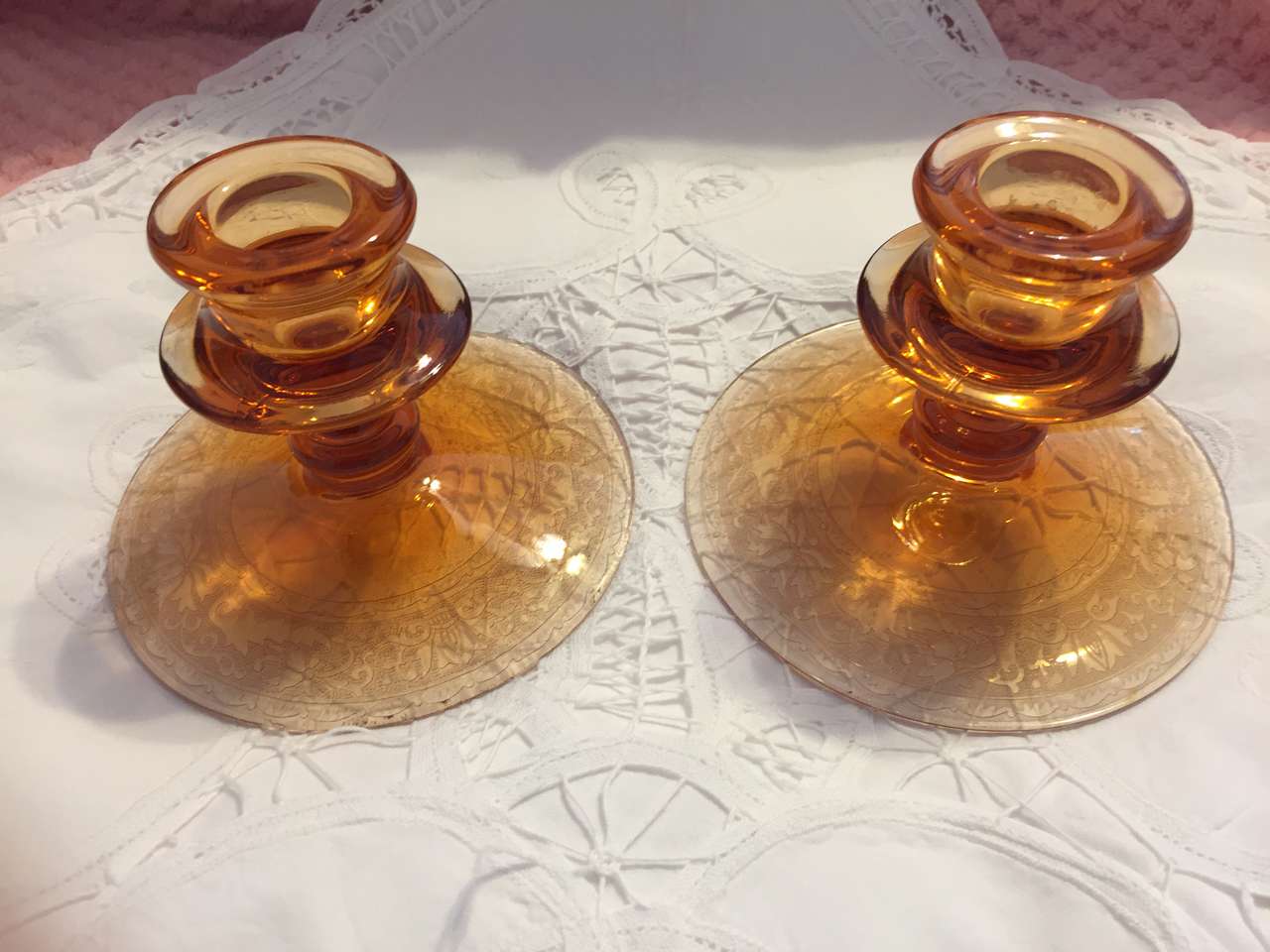 FOSTORIA Royal Amber candlesticks (2) Depression glass ca. 1925-33